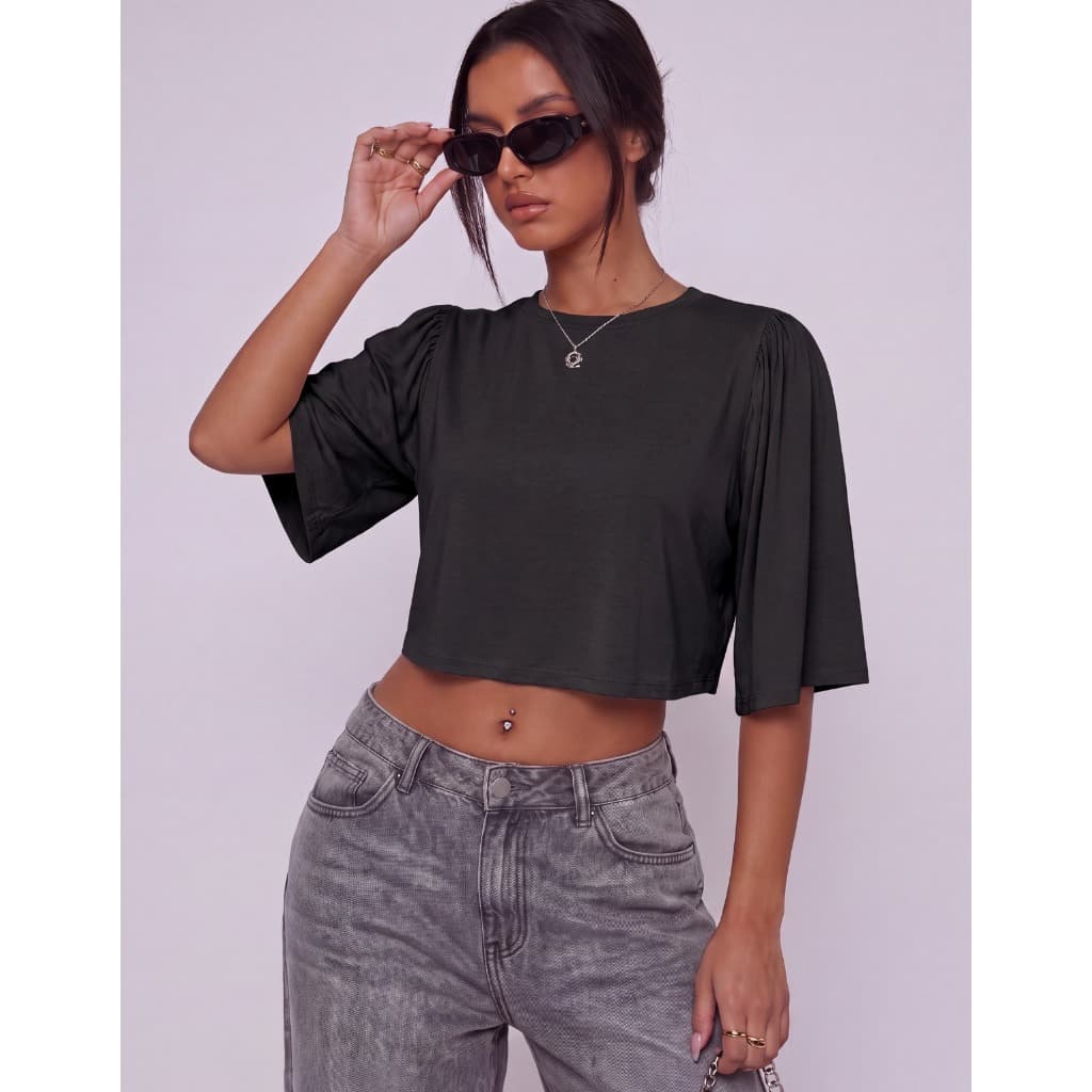 Cropped Blusa Feminina Básica Soltinha Manga Flare Oversized Moda Gringa