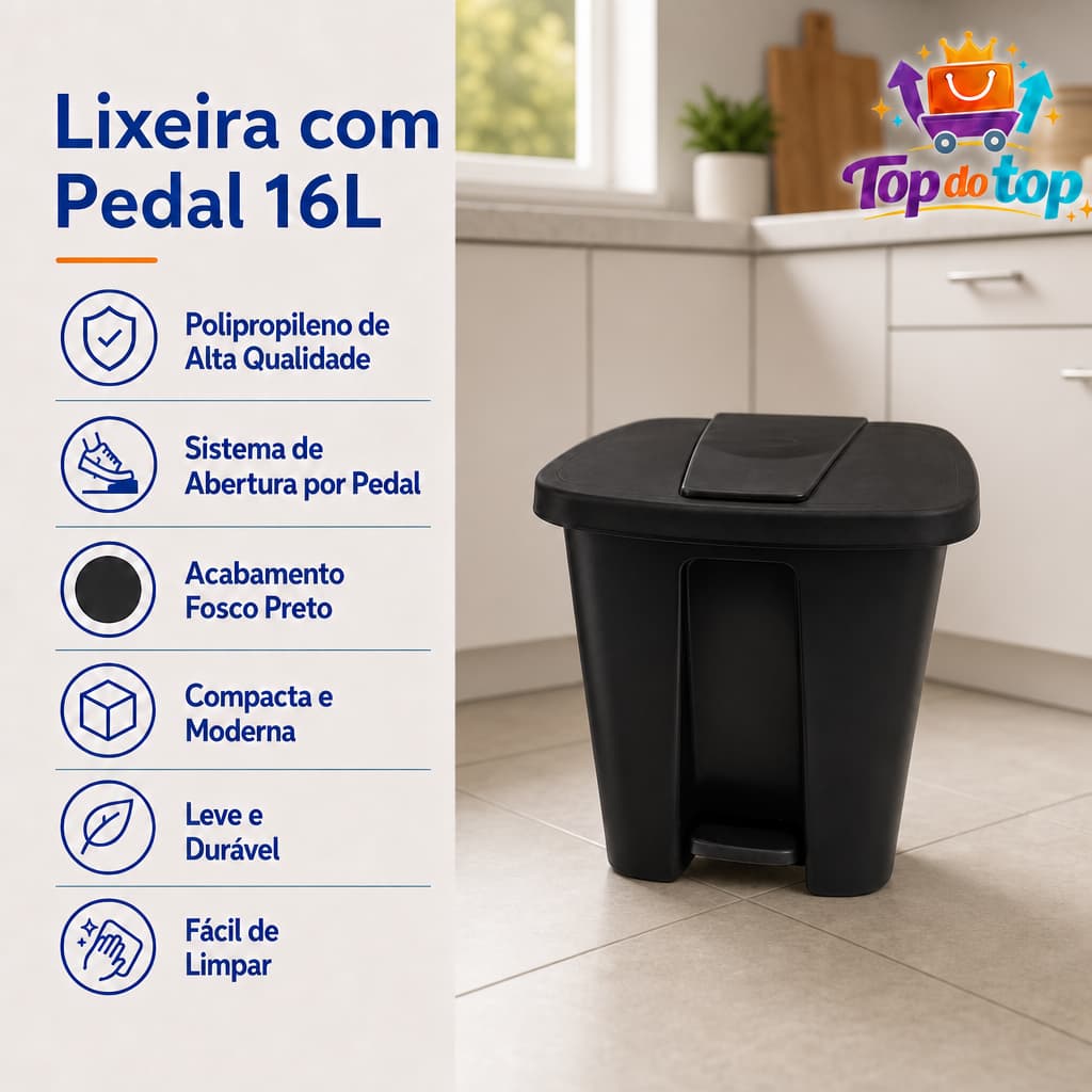 Lixeira com Pedal 16L Preta Polipropileno Cozinha Banheiro Escritório