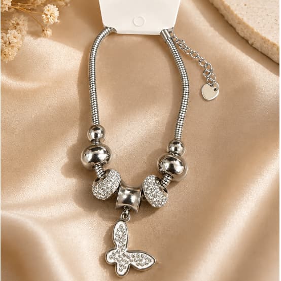 Pulseira Feminina Aço Inoxidável 316L com Pingente Borboleta e Strass