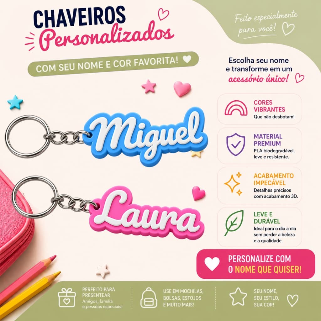 Chaveiro Personalizado com Nome em 3D – Presente/ Lembracinha /  Material Escolar