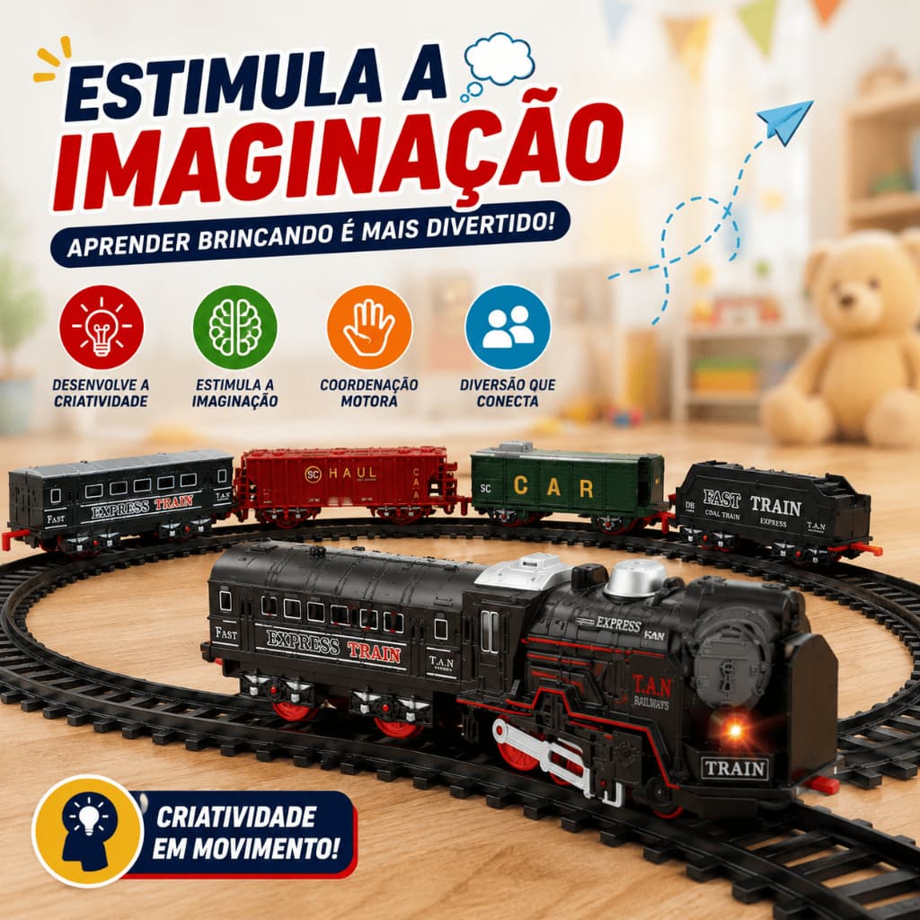 Trenzinho Infantil Com Trilhos E 5 Vagões Trem De Brinquedo Com Luz A Pilha Para Crianças Acima De 3 Anos