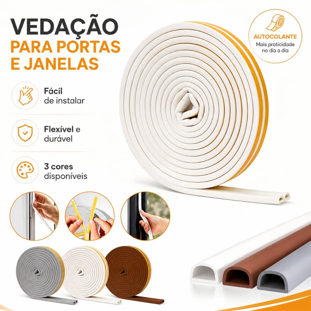 Fita Veda Fresta Adesivo Branco Marrom 6m/10m Anti Ruido Isolante Acústico Porta e Janela