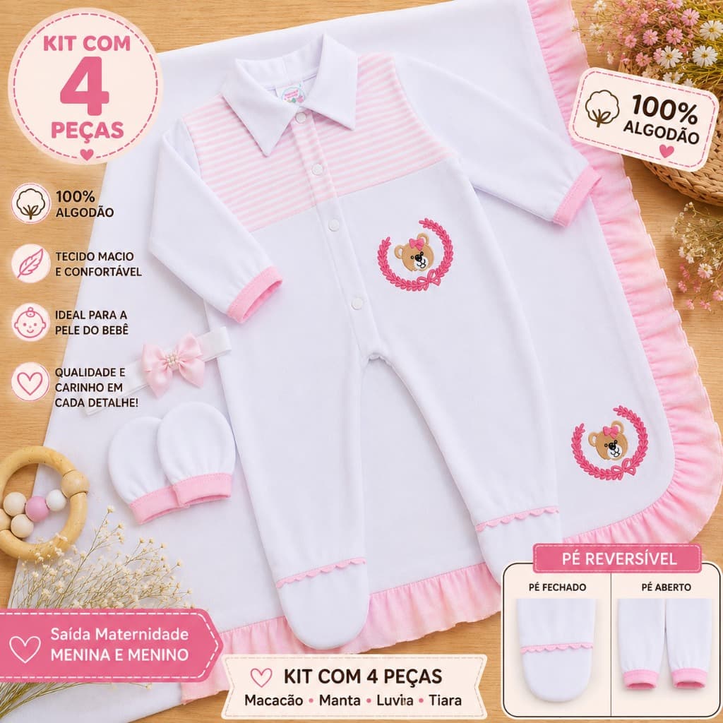Saída de Maternidade Simples Bebê Menina Menino RN Macacão Manta Tiara Luvinha100% Algodão