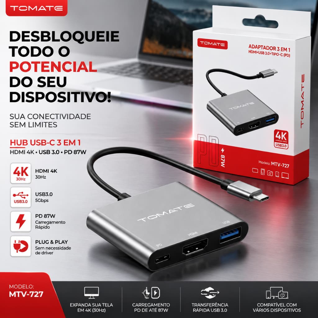Adaptador Type-C para HDMI 4K + USB 3.0 + PD – Expanda seu Notebook com 3 Portas em 1