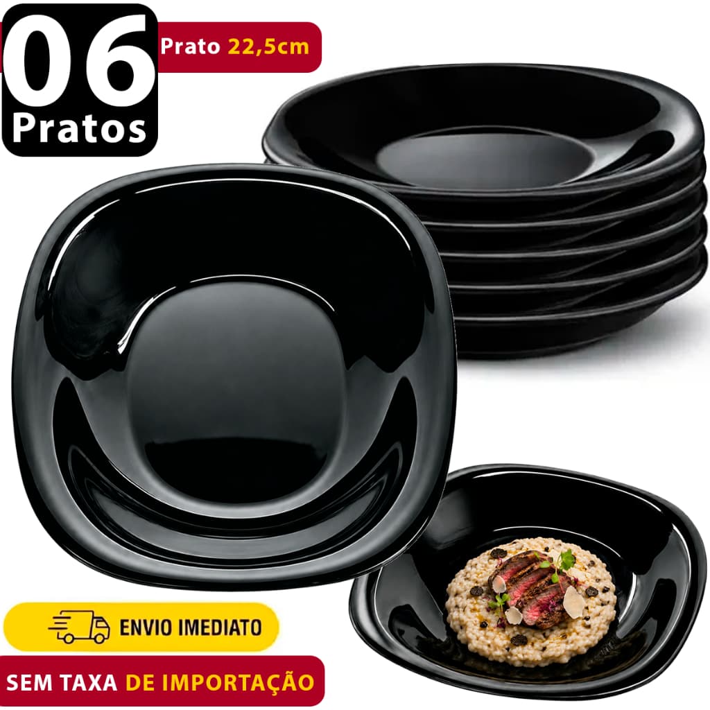 Kit Jogo 6 Pratos fundo sopa quadrado preto Opaline liso vidro temperado black cozinha hotel