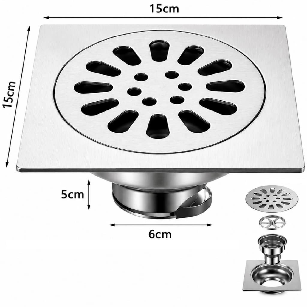 Ralo de Banheiro Quadrado 15x15  Inteligente Aço Inox Anti Odor E Insetos Lavanderia