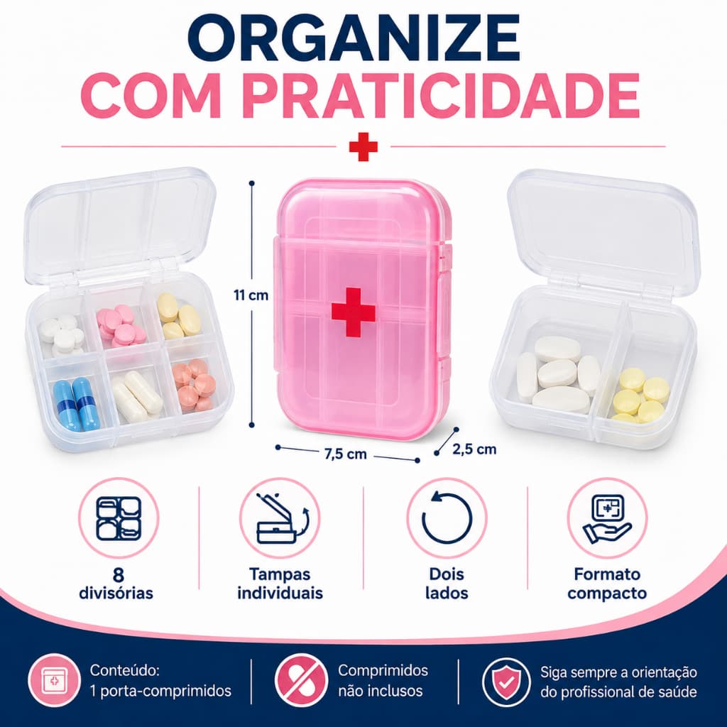 Porta-Comprimidos Dupla Face com 8 Divisórias e Tampas Individuais Compacto