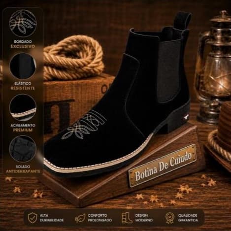 Botina Texana Masculina Bordada Camurça Bico Quadrado Rodeio