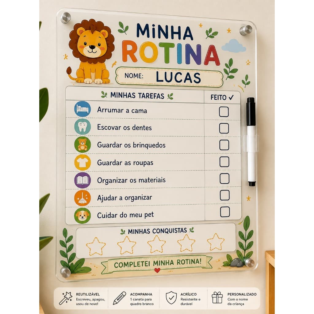 Quadro de Rotina Infantil Personalizado em Acrílico 30x40cm | Tarefas e Recompensas | Nome + Caneta Apagável