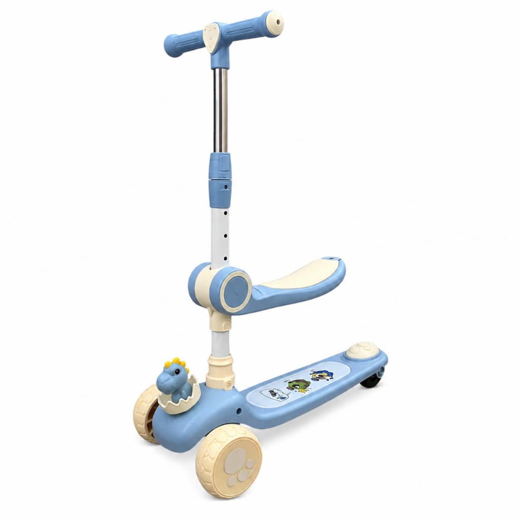 Patinete Infantil 2x1 Luz Som 3 Rodas Assento Regulável Azul aço Dino