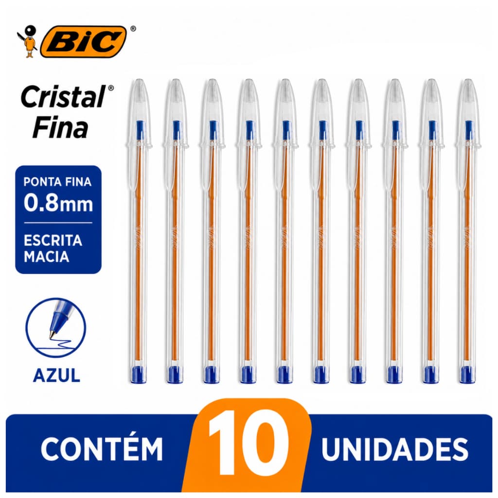 Caneta Esferográfica Bic Cristal Fina Azul 0.8mm Kit C/10 Unidades