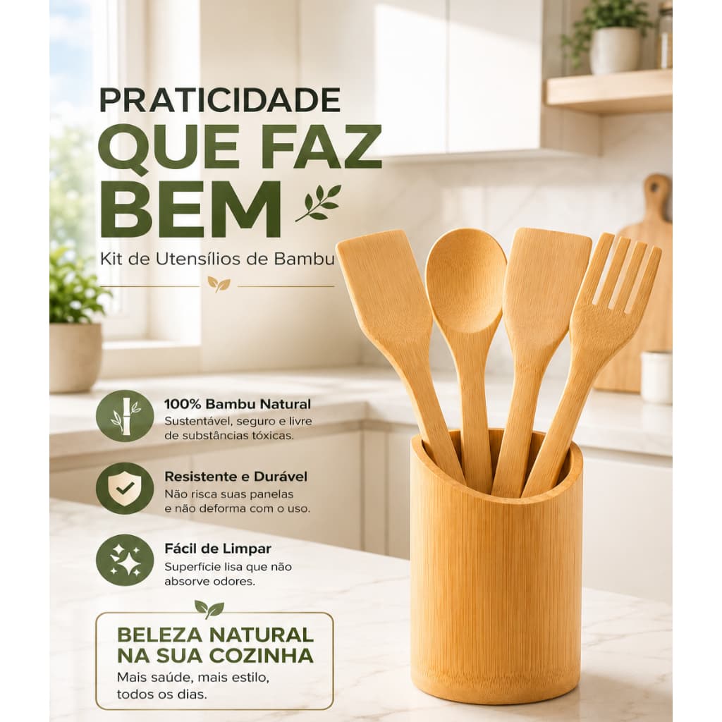 Kit 5 Peças Utensílios de Cozinha em Bambu