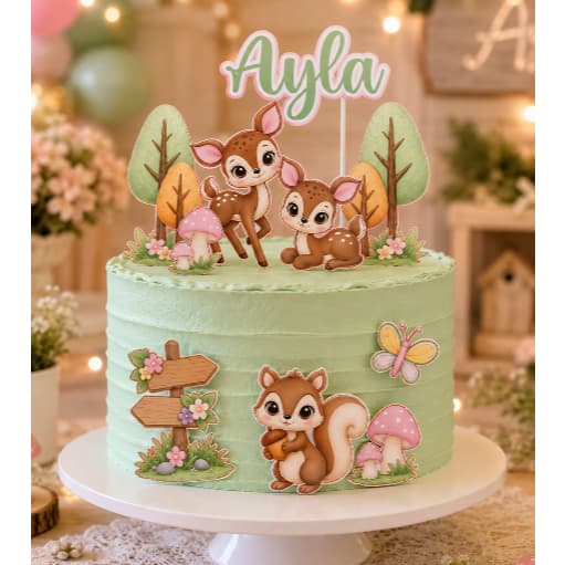 Topo De Bolo Personalizado Bosque Encantado Cervo Esquilo Cute - Nome Idade 3D Papelaria Aniversario Mesversario
