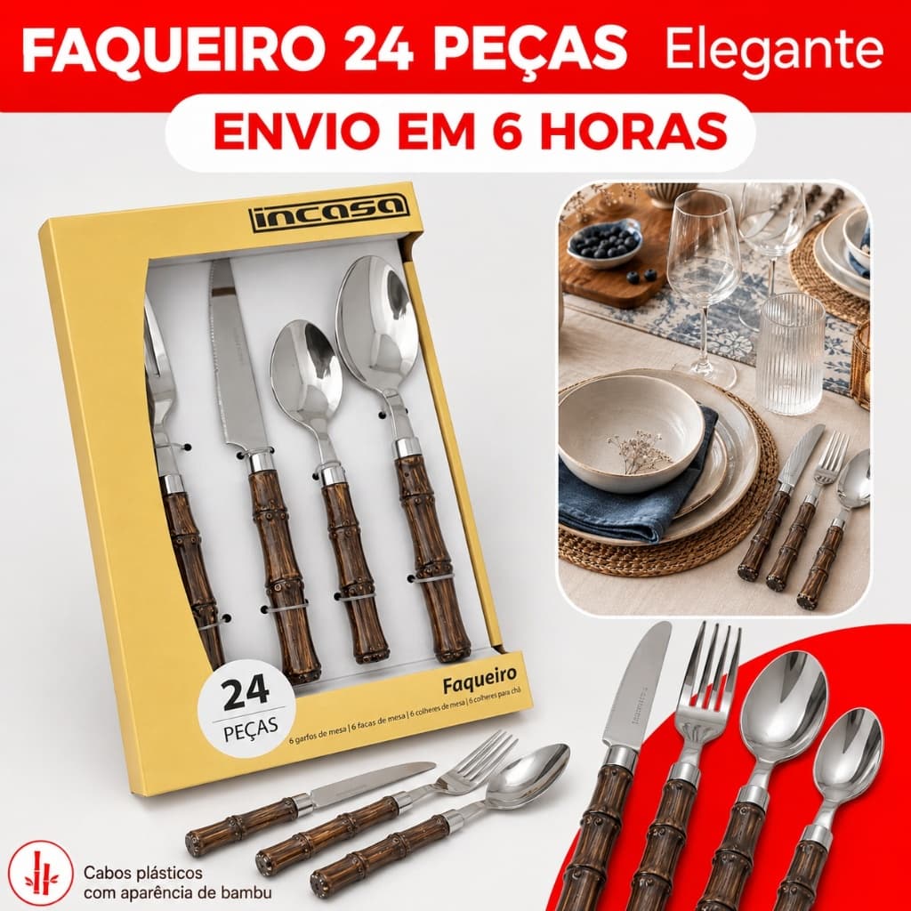 Kit Faqueiro Tropicale 24 Peças Aço Inox Cabo Bambu Imitando Madeira Plástico