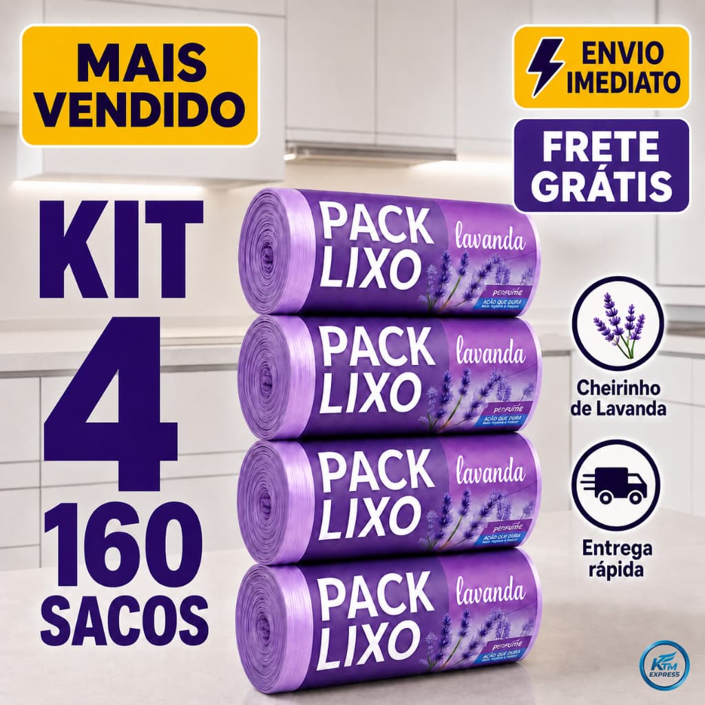 Kit 4 Sacos de Lixo Perfumados Lavanda | 160 Sacos | Pia e Banheiro | 34x38cm | Neutraliza Odores