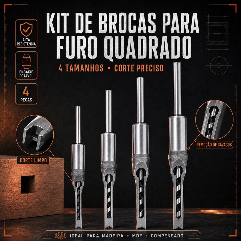 Jogo 4 Brocas para Mortise com Cinzel Quadrado, Perfura e Corta Madeira/MDF – Envio do Brasil