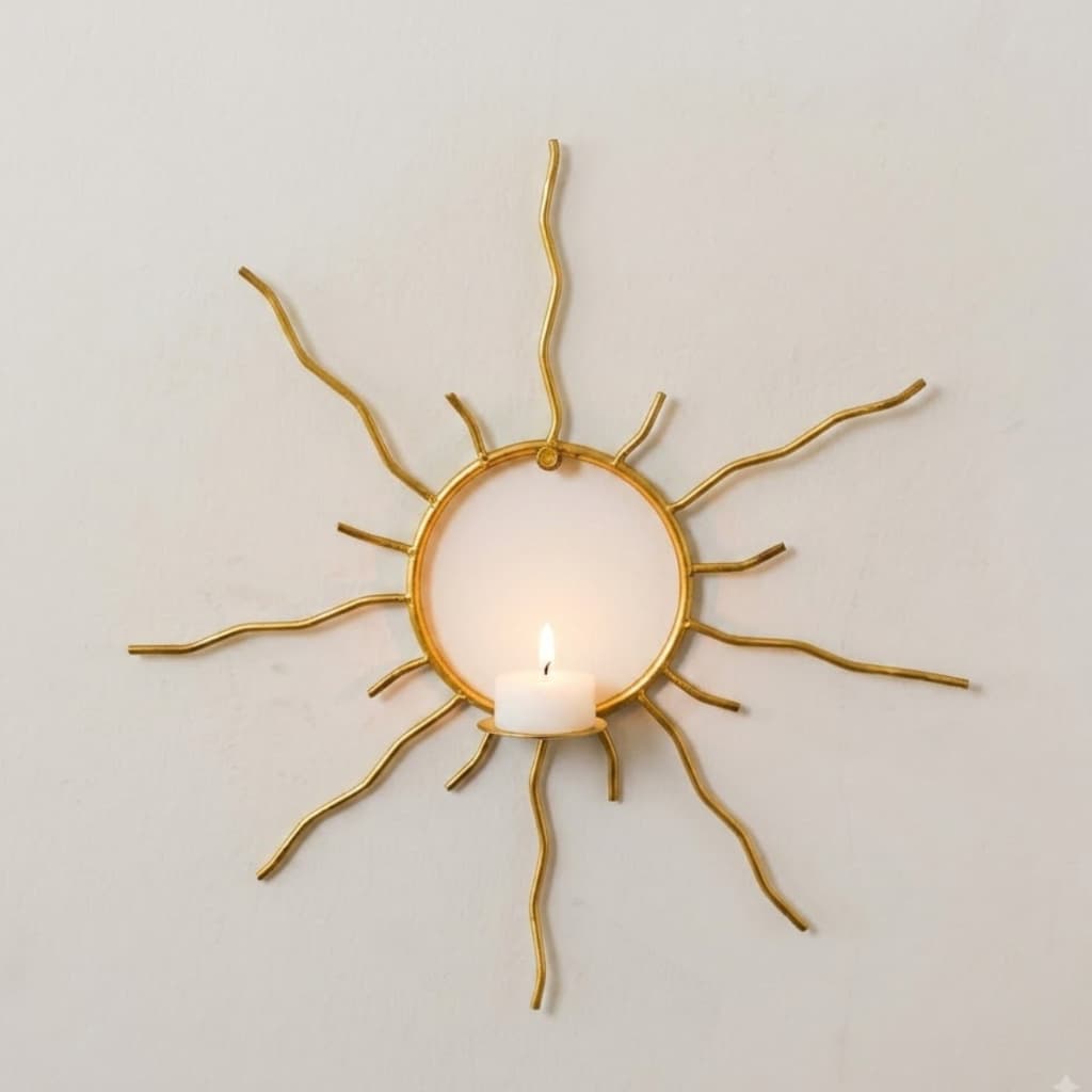 Porta-Vela de Parede Sol Artesanal - Ferro Dourado, Design Exclusivo 41x40cm Vela 7 DIAS