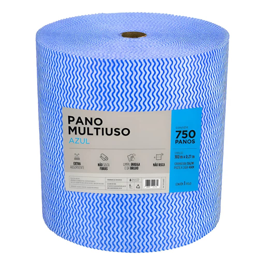 Pano Multiuso SuperPro Rolo 300m Azul 27cm Tipo Perfex 750 Panos Limpeza Profissional Cozinha Casa Empresa
