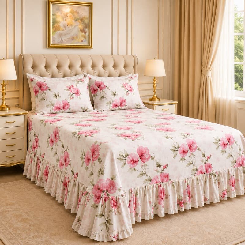 Kit Lençol Colcha Cobre Leito Casal Queen 3 Peças Estampada com Babado Toque Macio Micropercal Algodão + Fronhas