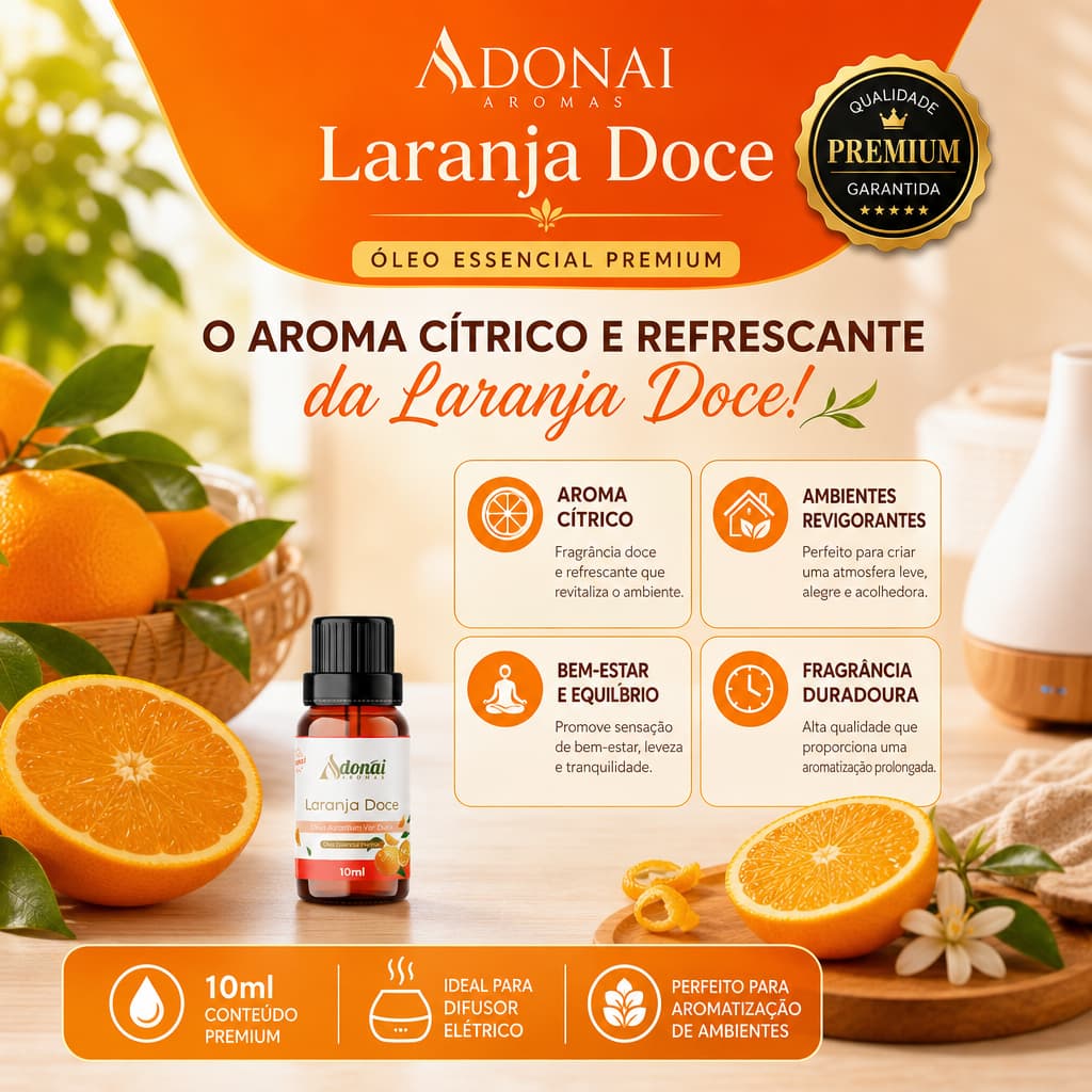 Óleo Essencial Laranja Doce 10ML Aroma Cítrico Difusor Elétrico Umidificador Aromatização Fresco