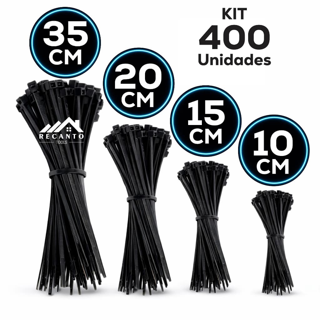 Kit 400 Abraçadeira de Nylon Enforca Gato Braçadeira Cintas Plásticas 10cm - 15cm - 20cm - 35cm - Preta | Branca