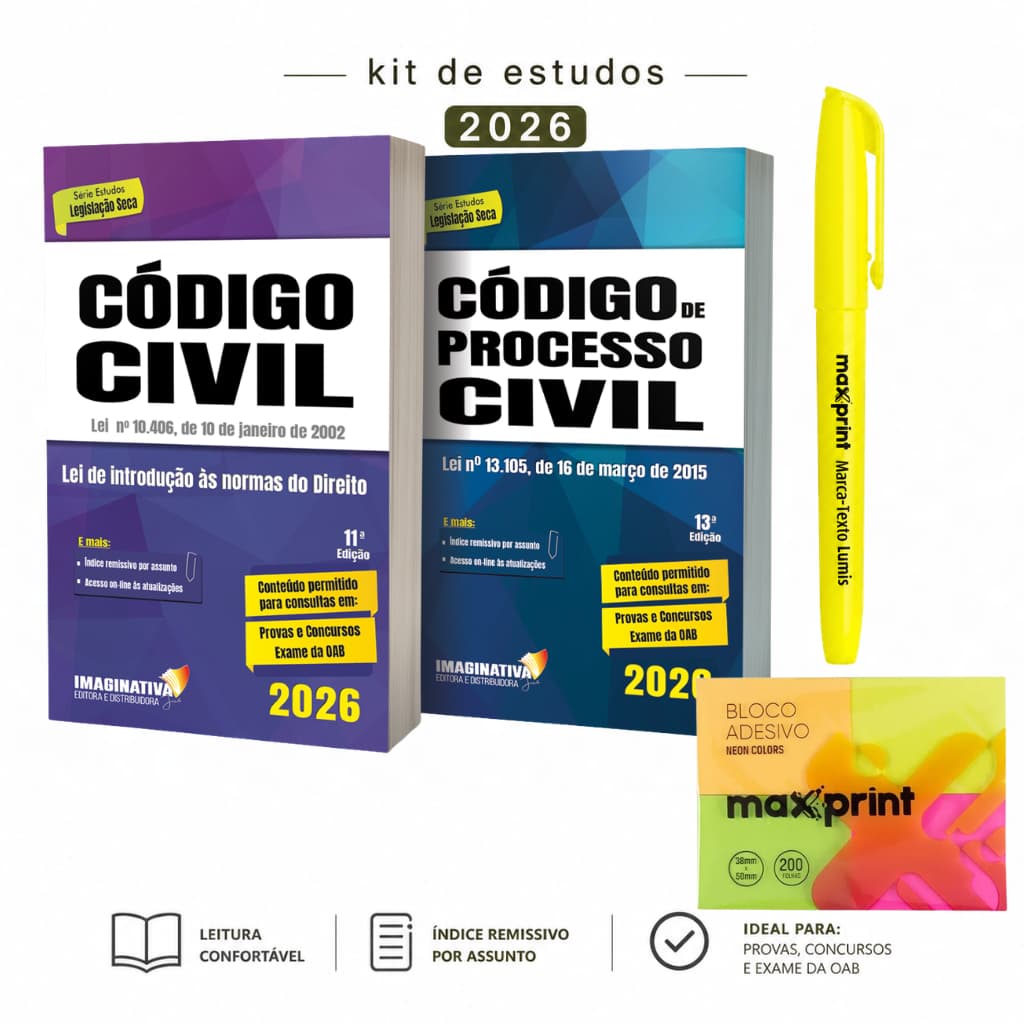 Código Civil + Código de Processo Civil 2026 + bloco adesivo colorido + marca texto