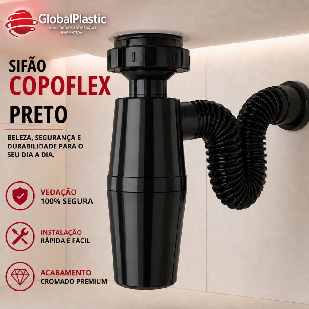 Sifão Copoflex Universal Sanfonado Flexível Cromado Ajustável para Pia, Cuba, Lavatório e Tanque