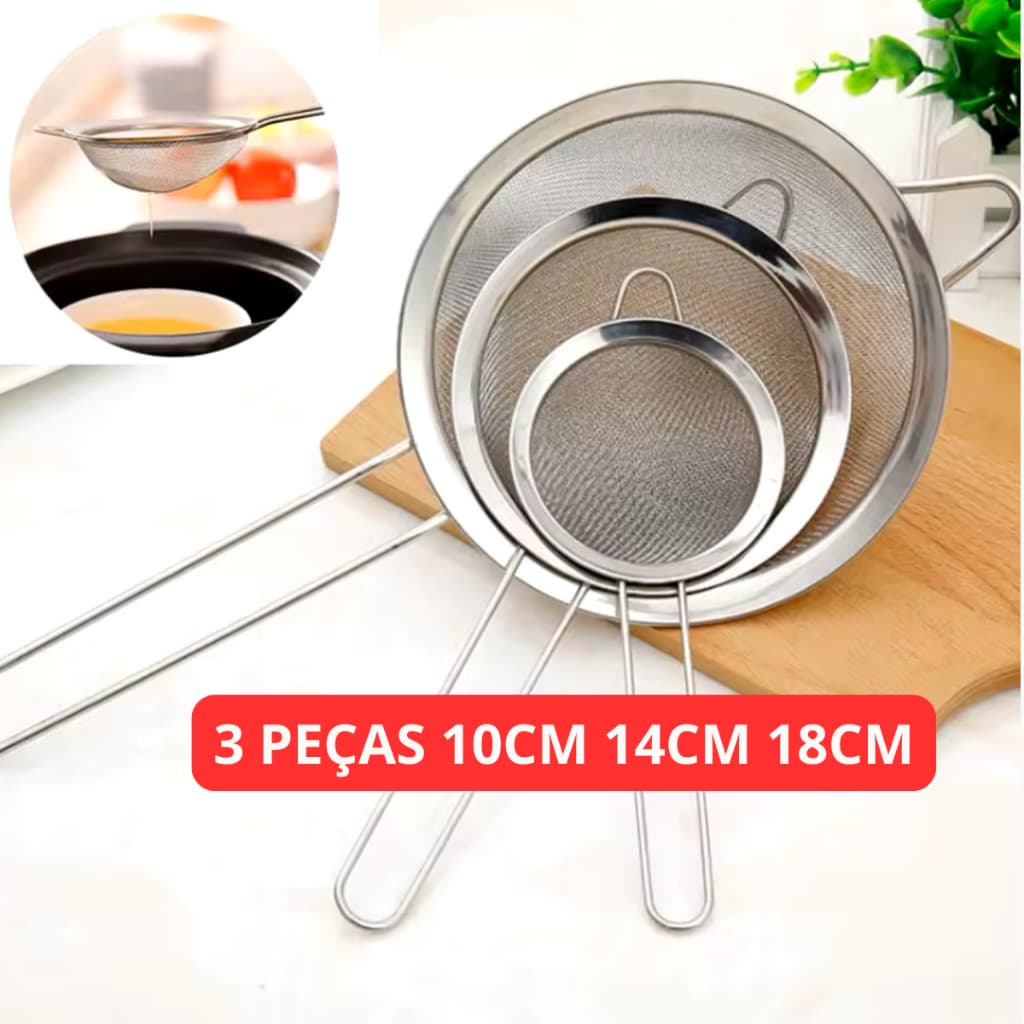 3 Peneira De Cozinha Inox Coador Aço Metal