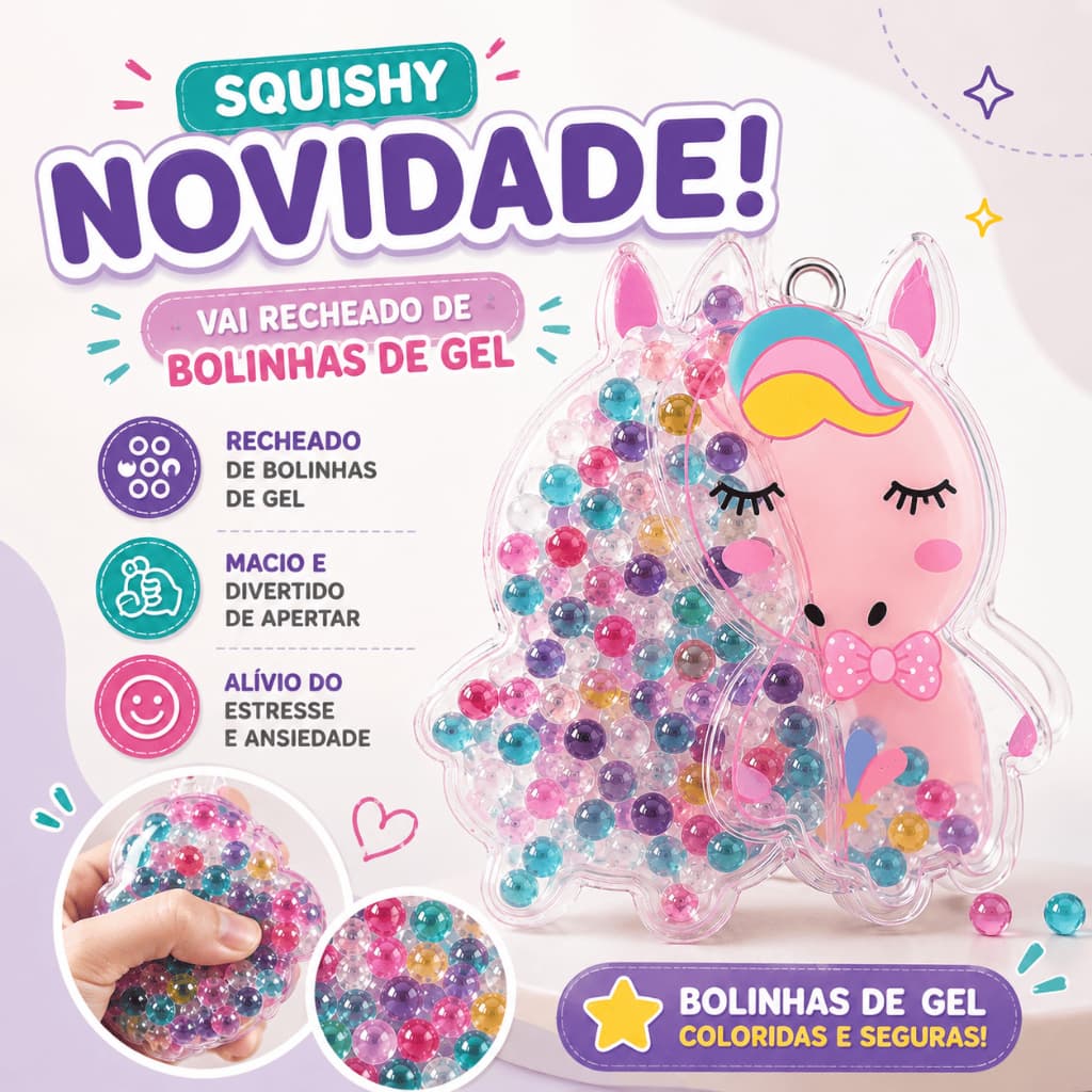 Brinquedo Squishy Recheado de Bolinhas de Gel Ursinho Unicórnio Coelho Antiestress Apertar Macio Divertido