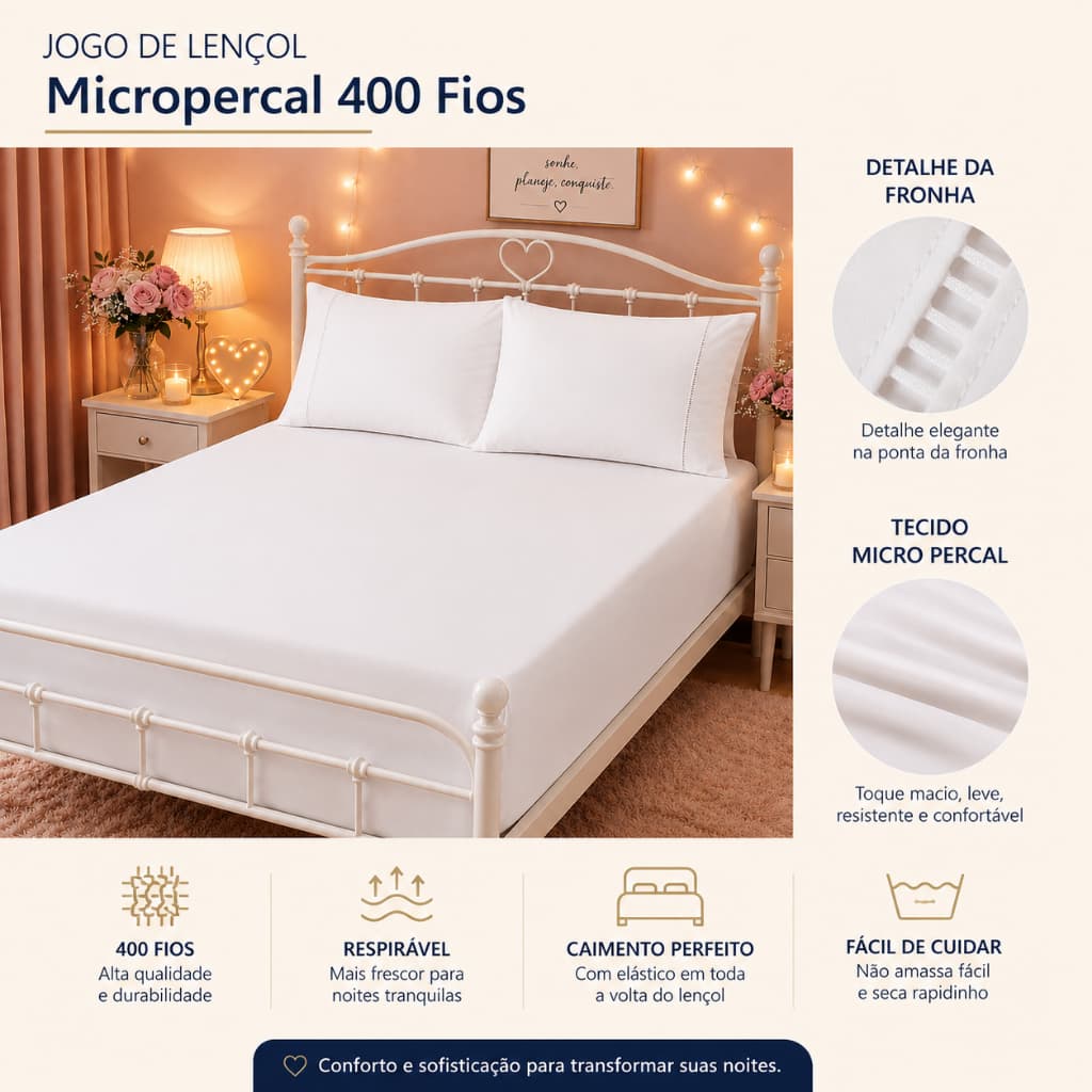 Jogo de Lençol King 3 Peças 400 Fios Micropercal | Lençol Queen Cama Casal | Macio, Confortável e Sofisticado