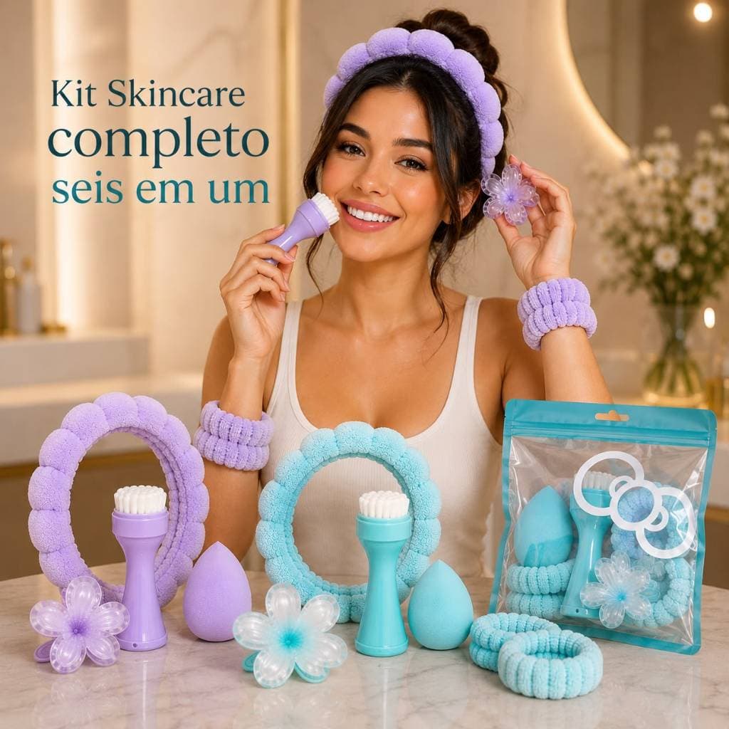 Kit Skincare 6 em 1 Completo – Faixa de Cabelo, 2 Munhequeiras, Esponja, Escova Facial e Presilha