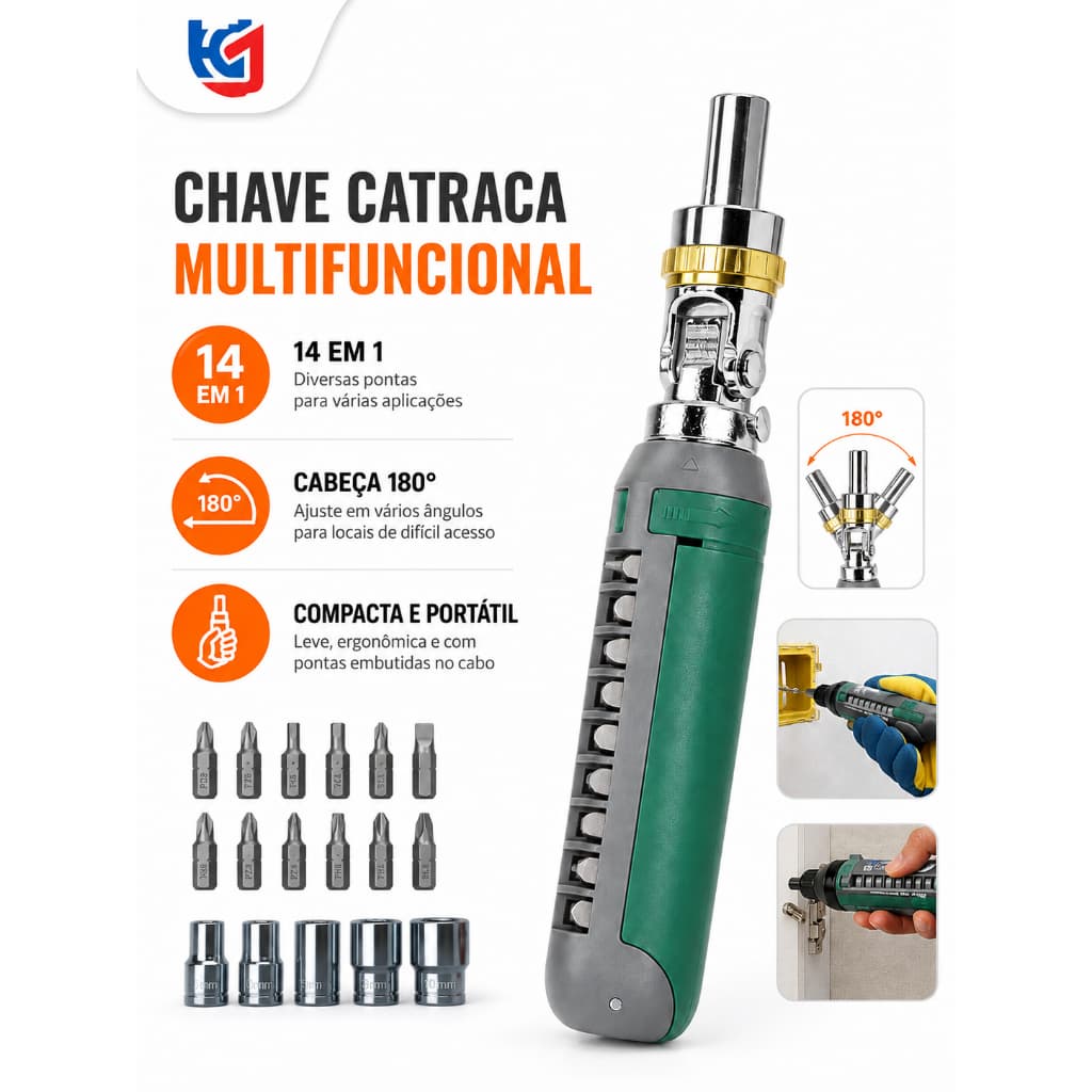 Catraca Multifuncional 14 Em 1 Magnetizada Chave De Fenda Com Cabeça 180° Pontas Integradas Portátil