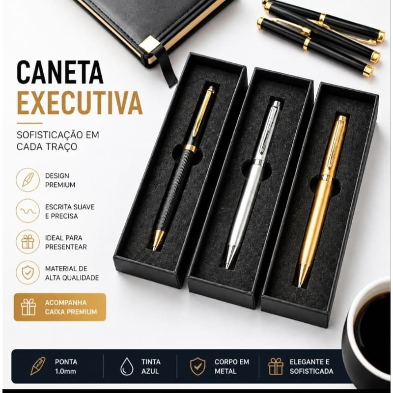5 Canetas Executiva Premium Metal 1.0mm Azul  com Caixa Individual Presenteável – Caneta Sofisticada Profissional