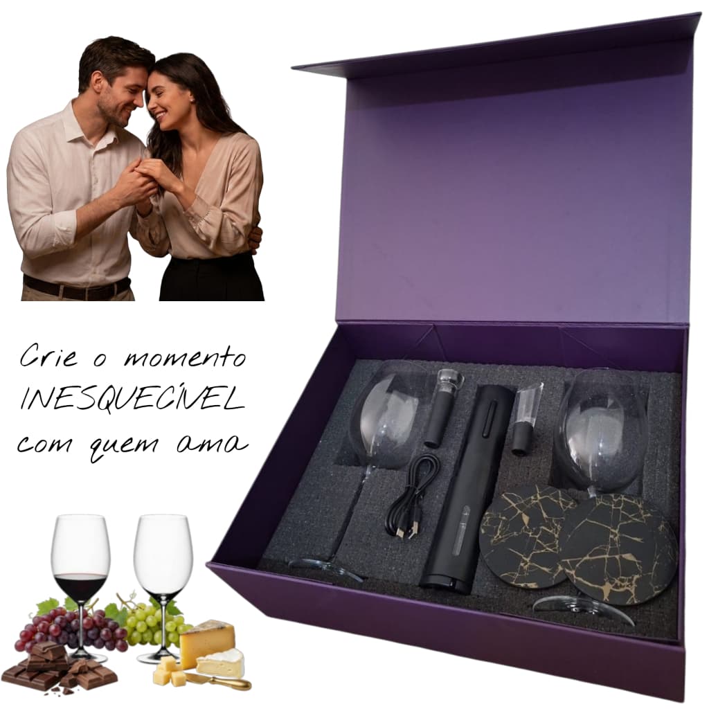 Kit Presente Vinho 2 Taças de Cristal + Abridor Automático USB | Caixa Presente Aniversario Pai Mãe Namorado Amiga Chefe