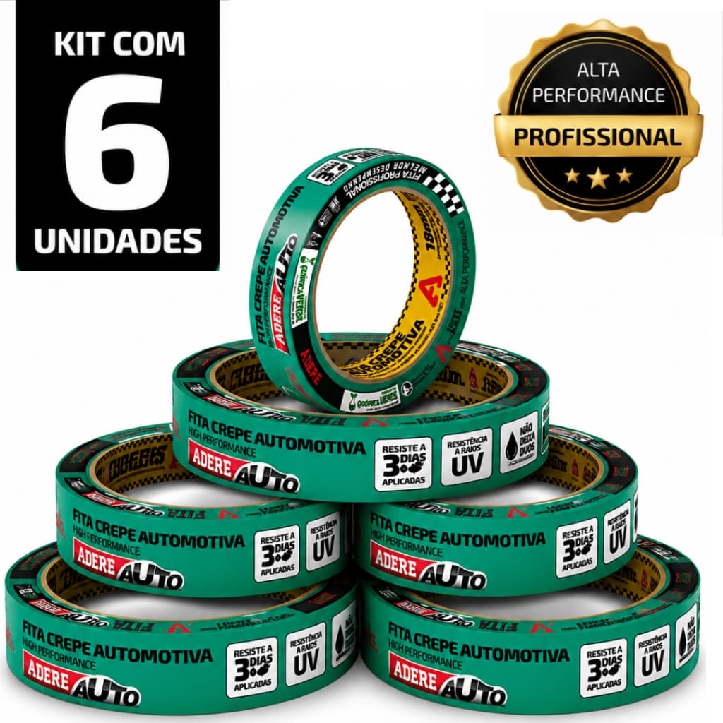 kit com 6 Fitas Crepe Pintura Automotiva Adere 18mm x 40m