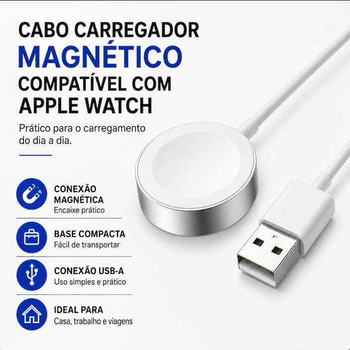 Carregador Magnético Compatível com Apple Watch Series 3 4 5 6 7 8 Cabo Base de Recarga
