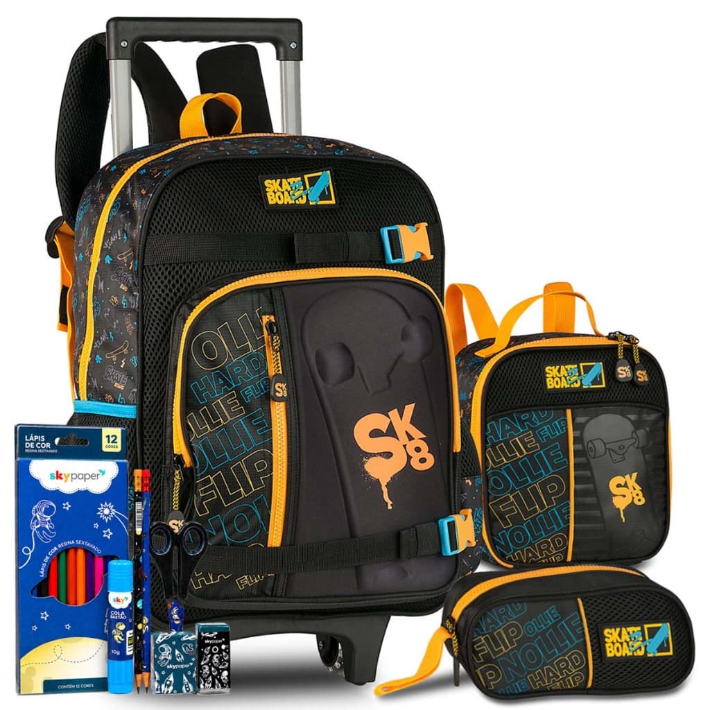 Kit Mochila Skate Infantil Lancheira e Estojo Escolar Menino