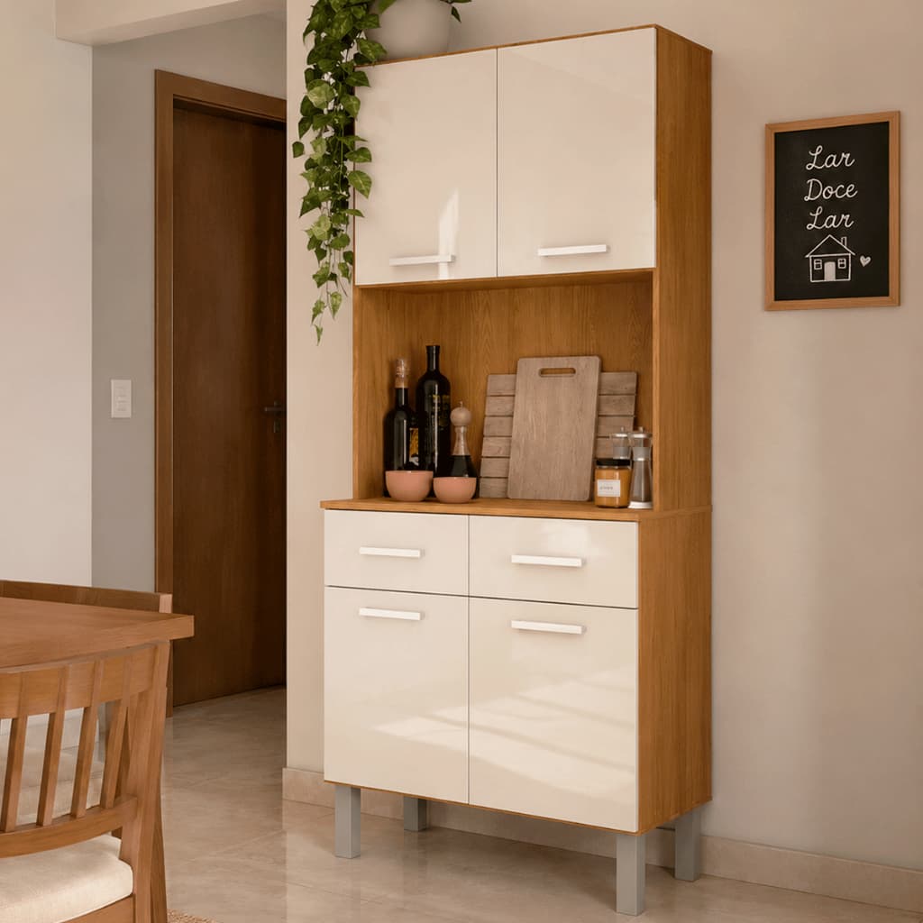 Kit Cozinha Armário Aparador Paneleiro 2 Gavetas 4 Portas Organizadora Moderna Compacta Pequena