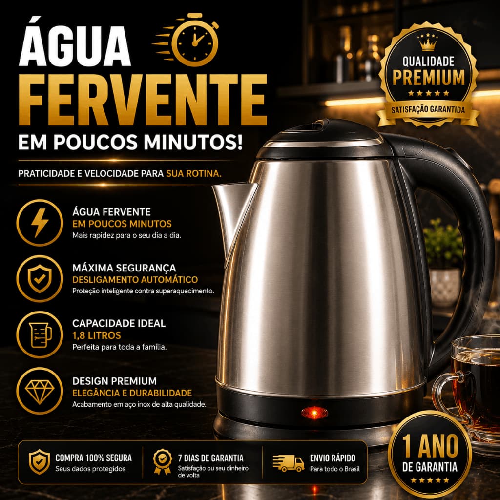 Chaleira Elétrica Inox 1,8L 1500W 220V Aquecimento Rápido Base 360° Tampa Segurança Design Moderno