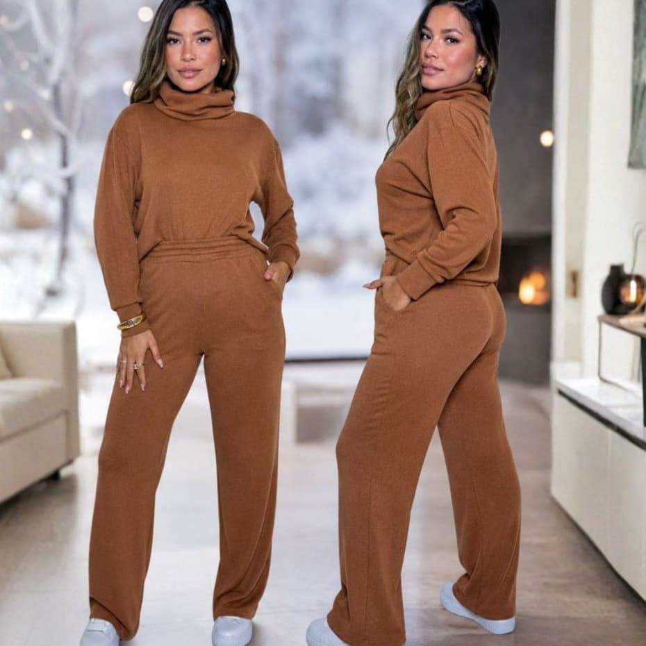Conjunto Feminino Manga Longa Gola Alta em Lanzinha Calça Reta Confortável Moda Outono Inverno Envio Imediato