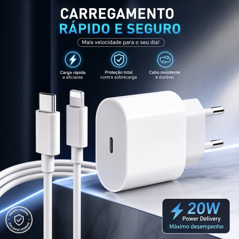 Kit Carregador iPhone Turbo Tipo-C 20W + Cabo Lightining para IPhone Carga rápida