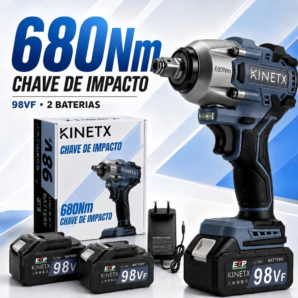 Chave de Impacto a Bateria KINETX 680Nm 98Vf Motor Forte sem Fio com 2 Baterias e Carregador para Rodas Automotivas