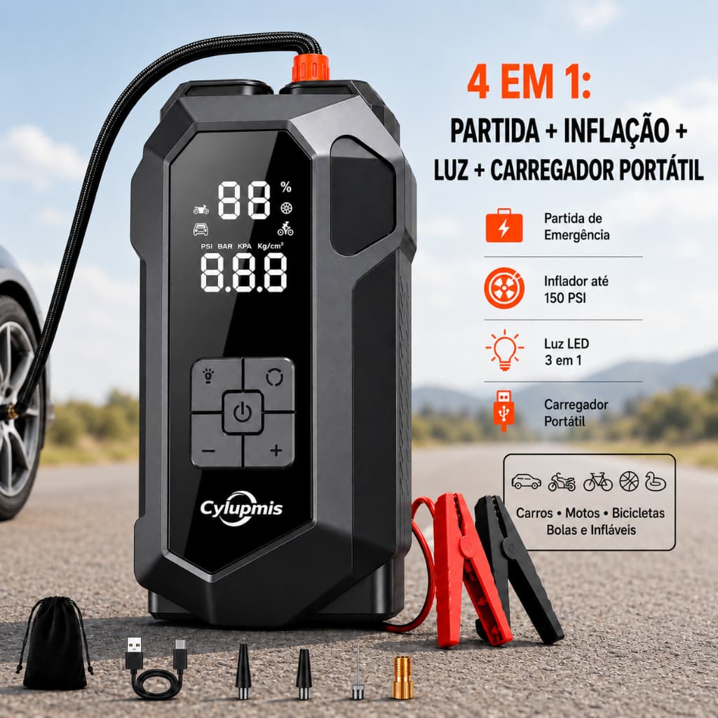 Arrancador De Bateria  Veicular 12v Com Compressor De Ar Portátil Auxiliar De Partida  Carregador Inteligente, Lanterna