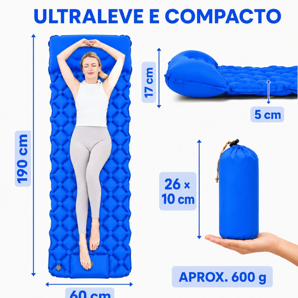 Colchonete Inflável Solteiro 190x60cm com Bomba Embutida – Ideal para Camping e Viagem