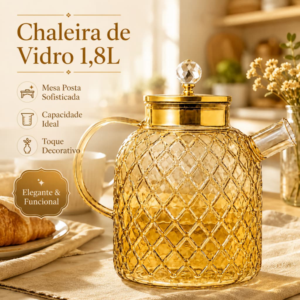 Bule Chaleira de Vidro 1,8L Âmbar com Filtro Inox Resistente ao Calor Jarra para Chá Café Suco Água Cozinha e Dia a Dia