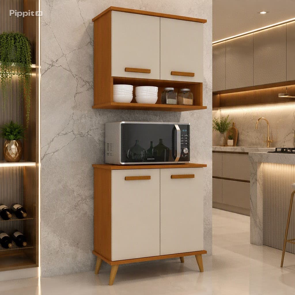 Conjunto Para Cozinha Mavi para Organização 2 Peças – Balcão Multiuso com 2 Portas + 1 Armário Aéreo com 2 Portas