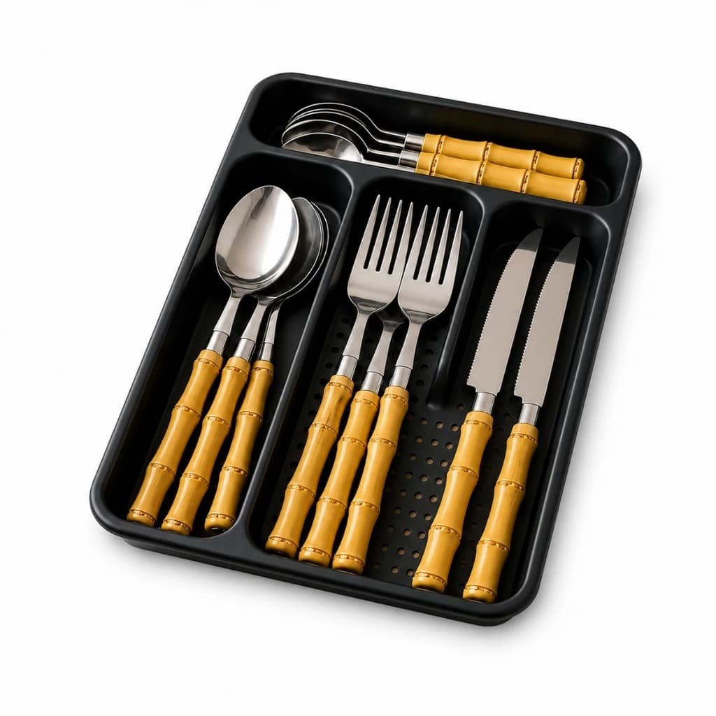 Jogo de Talheres 17 Peças Aço Inox Modelo Madeira Bambu com Organizador de Gaveta Faqueiro Luxo -2362