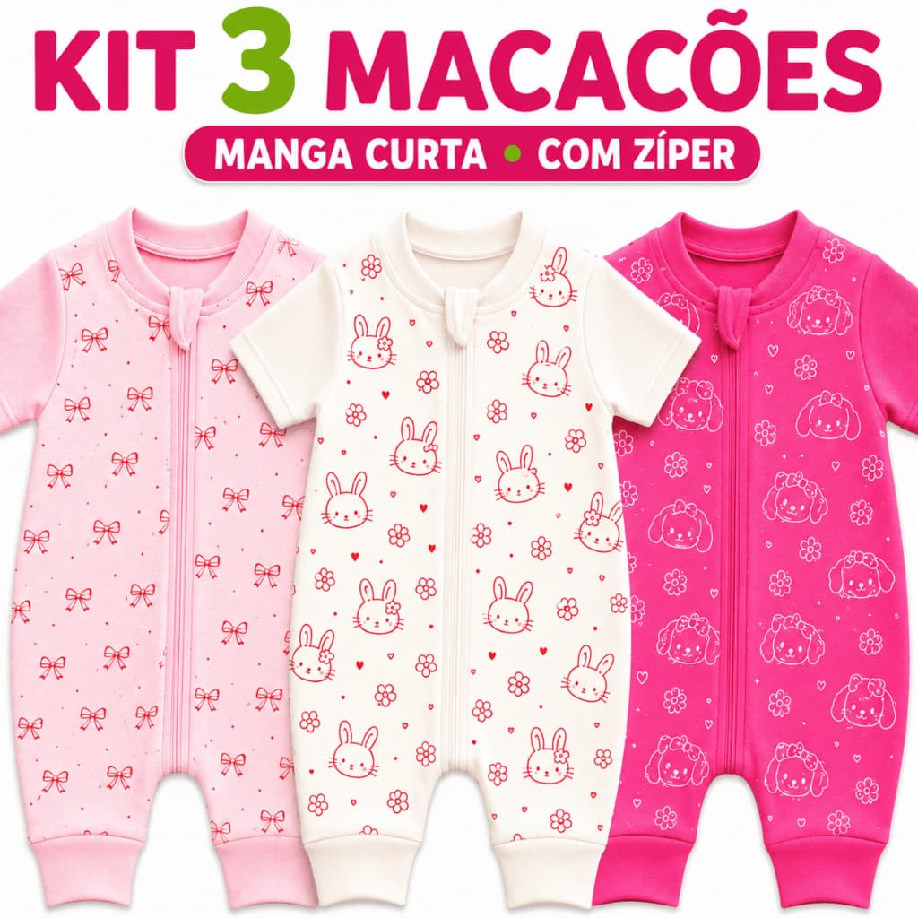 Kit 3 Macacão Bebê Curto Verão Menina Manga Curta com Zíper Suedine 100% Algodão Estampado Roupa Bebê RN P M