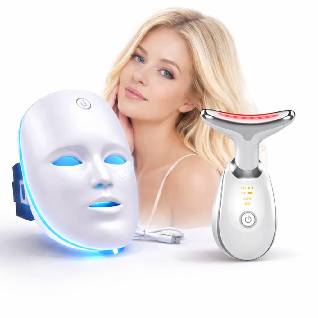 Kit Máscara Facial Led 7 Cores + Massageador Facial Led Skincare Fototerapia
