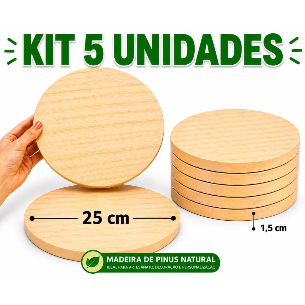 KIT 5 BOLACHA REDONDA DE PINUS 25 CM — MADEIRA NATURAL REDONDA  | PLACA REDONDA MADEIRA PINUS 25 CM